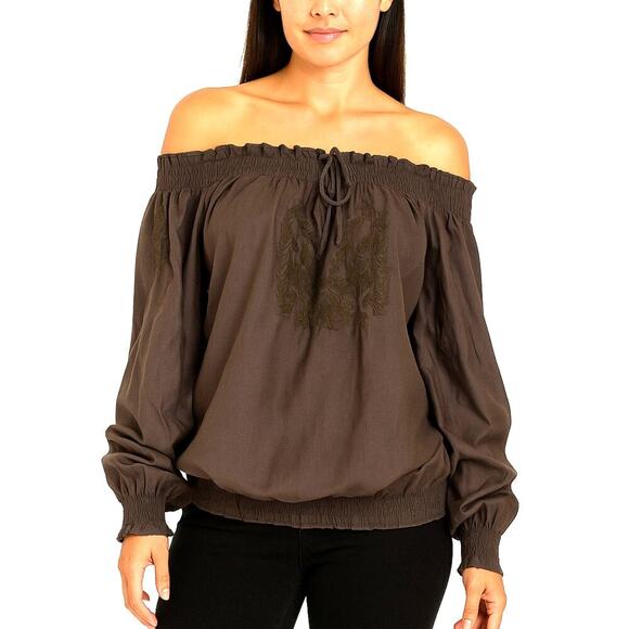 Isabella Rodriguez light weight chocolate brown off shoulder elastic waist SZ LG - Picture 1 of 9